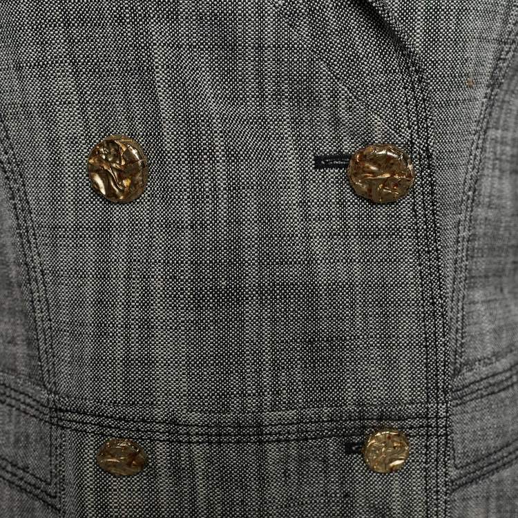 Pre Owned Louis Vuitton Grey Textured Silk Double Breasted Cropped Blazer S