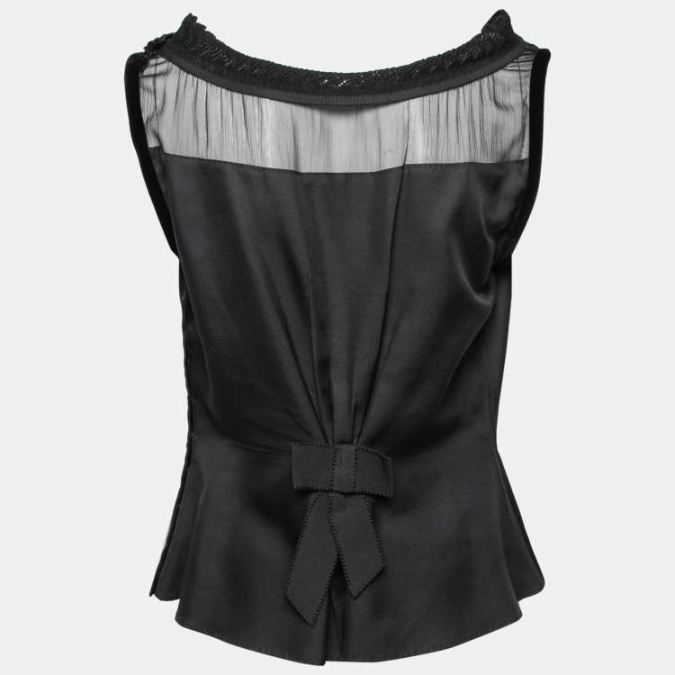 Pre Owned Louis Vuitton Black Silk Rose Applique Sleeveless Peplum Top L