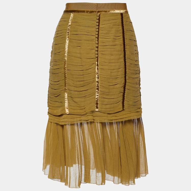 مملوكة مسبقًا Louis Vuitton Olive Green Cotton Ruched Knee Length Skirt M