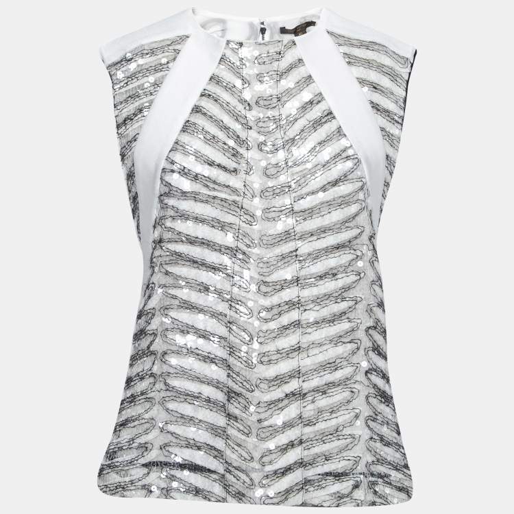 Pre Owned Louis Vuitton White Mohair Sequin Embellished Cut Sleeve Top M