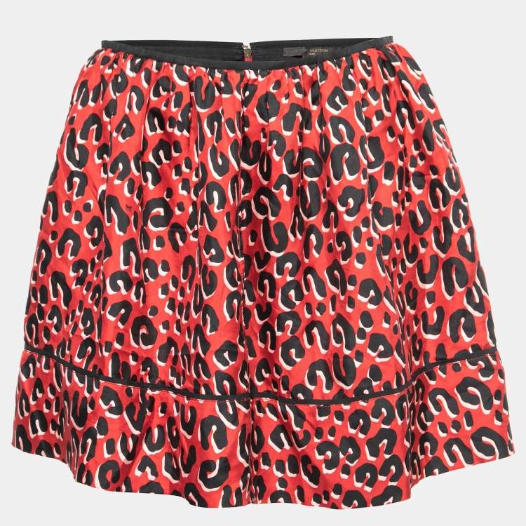 Pre Owned Louis Vuitton Red Leopard Print Silk Mini Skirt S  