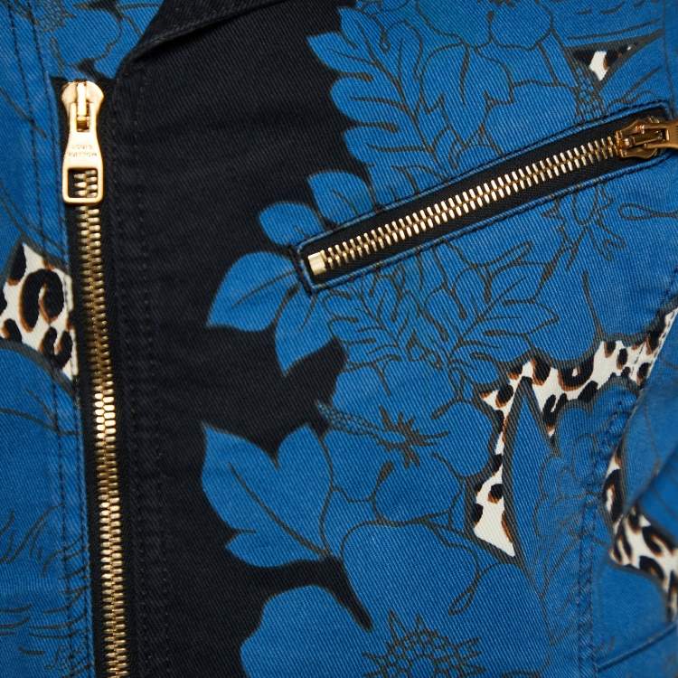 Pre Owned Louis Vuitton Blue Floral & Leopard Print Denim Zip Up Jacket L