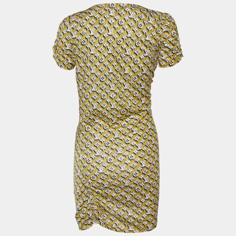Pre Owned Louis Vuitton Yellow Monogram Printed Cotton Knit Ruched Mini Dress L