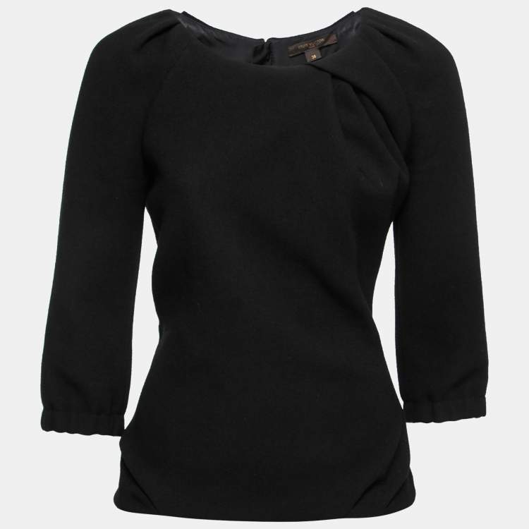 Pre Owned Louis Vuitton Black Wool Crepe Gathered Neck Top S