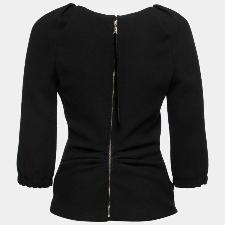 Pre Owned Louis Vuitton Black Wool Crepe Gathered Neck Top S
