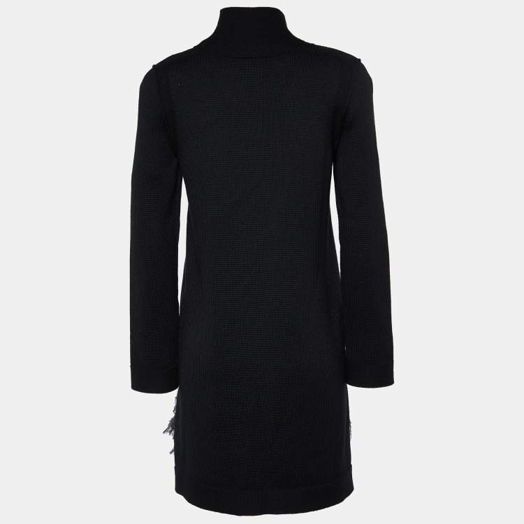 Pre Owned Louis Vuitton Black Wool Knit Feather Trim Turtleneck Dress XL