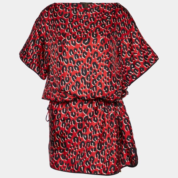 Pre Owned Louis Vuitton Red Leopard Printed Silk Shift Dress M