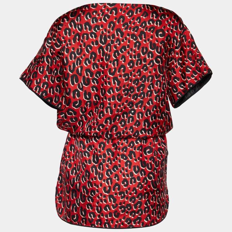 Pre Owned Louis Vuitton Red Leopard Printed Silk Shift Dress M