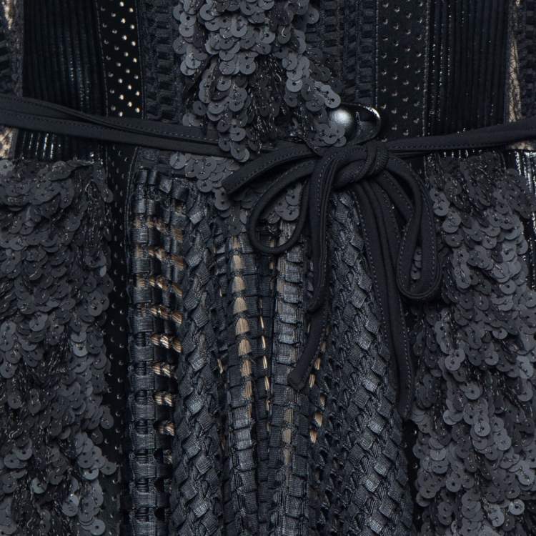 Pre Owned Louis Vuitton Black Textured & Leather Sequin Detail Asymmetric Hem Midi Dress M 