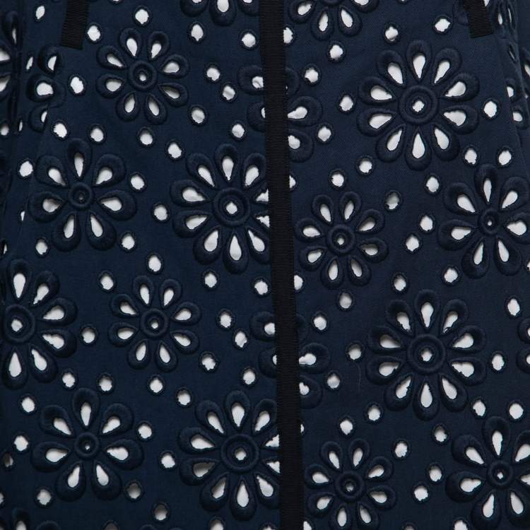 Pre Owned Louis Vuitton Navy Blue Floral Embroidered Cotton A-Line Skirt M