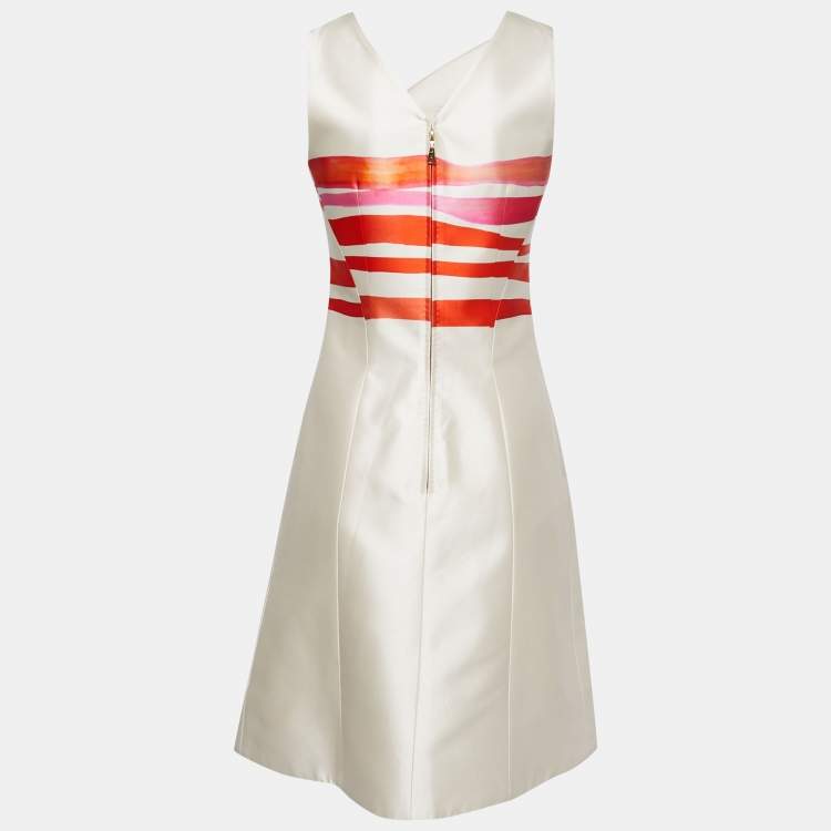 Pre Owned Louis Vuitton Cream Striped Silk Bow Detail Sleeveless Dress S