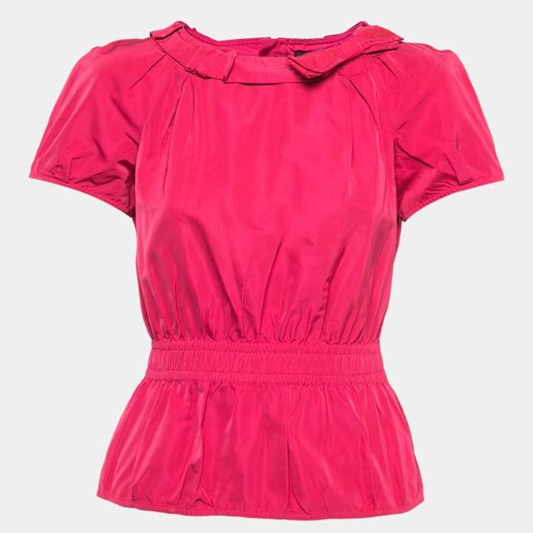 Pre Owned Louis Vuitton Pink Coated Silk Bow Detailed Elasticized Waist Top M