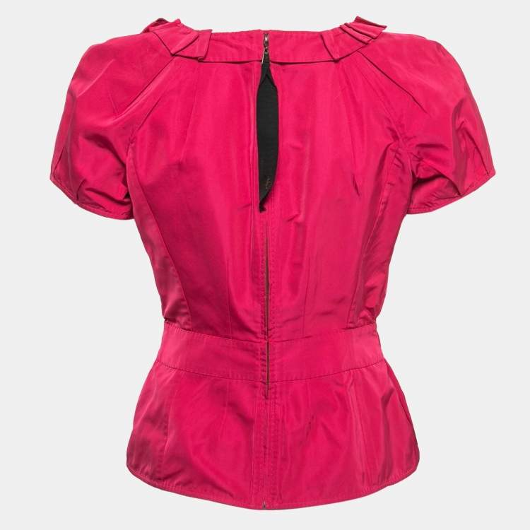 Pre Owned Louis Vuitton Pink Coated Silk Bow Detailed Elasticized Waist Top M