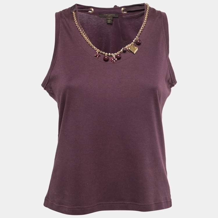 مملوكة مسبقًا Louis Vuitton Purple Cotton Neck Charm Detail Tank Top L