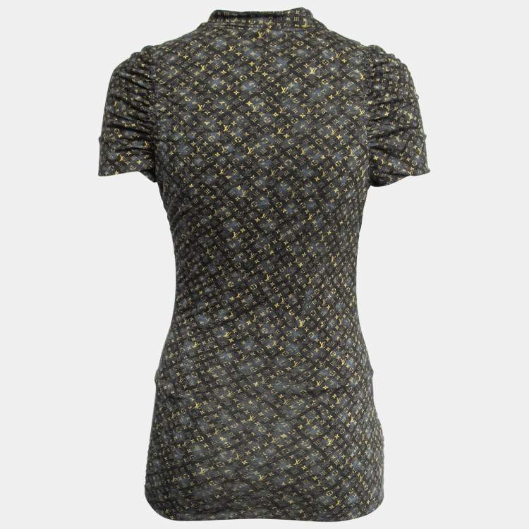 Pre Owned Louis Vuitton Black Monogram Wool Knit Ruched Mini Dress M