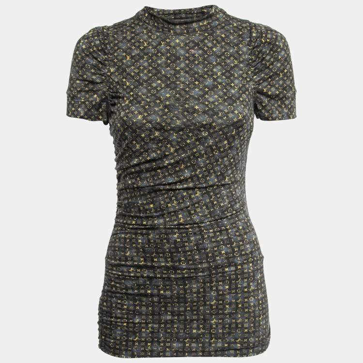 Pre Owned Louis Vuitton Black Monogram Wool Knit Ruched Mini Dress M