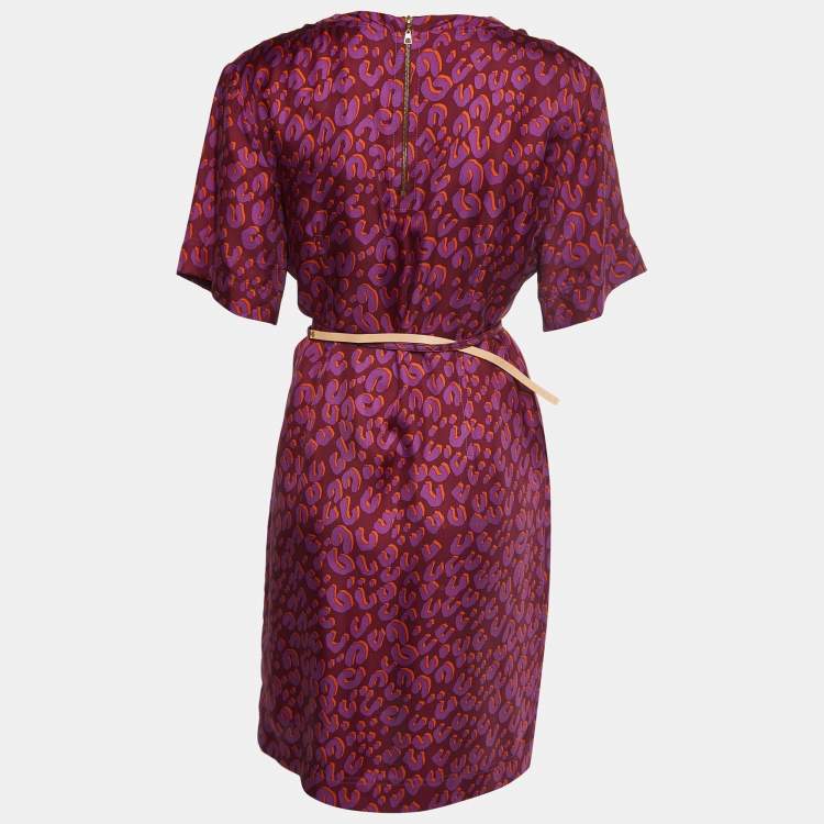 Pre Owned Louis Vuitton Purple Leopard Print Silk Belted Short Dress L