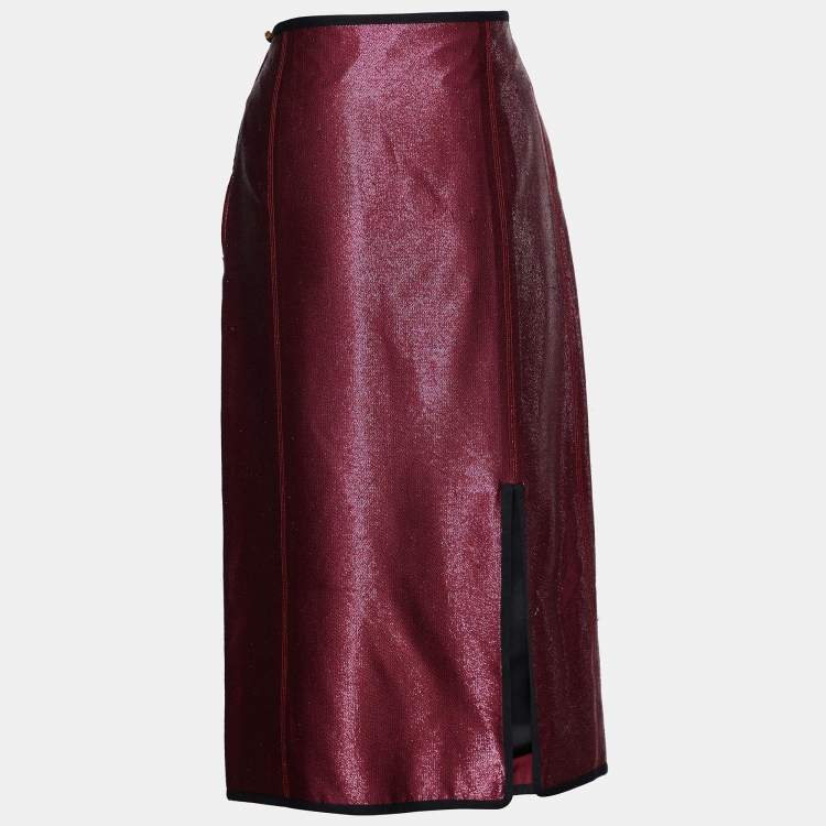 Pre Owned Louis Vuitton Burgundy Lurex Silk Midi Skirt M