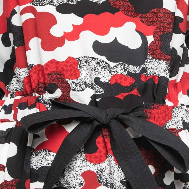 Pre Owned Louis Vuitton Black/Red Printed Silk & Cotton Tie Front Dress M