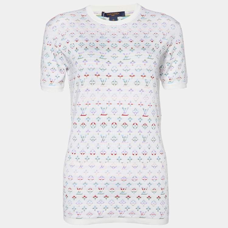 Pre Owned Louis Vuitton White Monogram Silk Knit Short Sleeve Top M