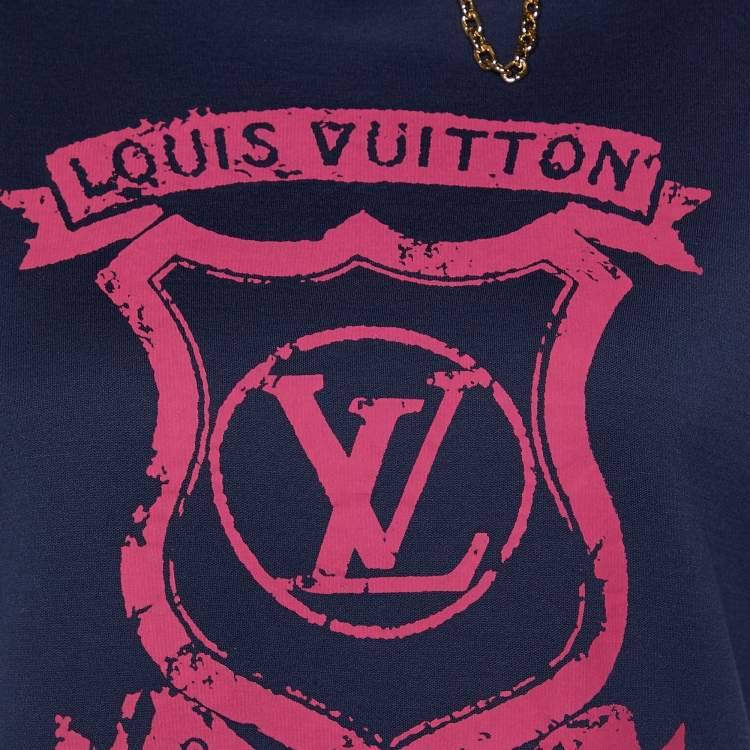 مملوكة مسبقًا Louis Vuitton Navy Blue Logo Printed Jersey Knit Mini Dress M