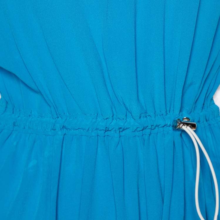 Pre Owned Louis Vuitton Blue Silk & White Cotton Knit Waist Drawcord Mini Dress M