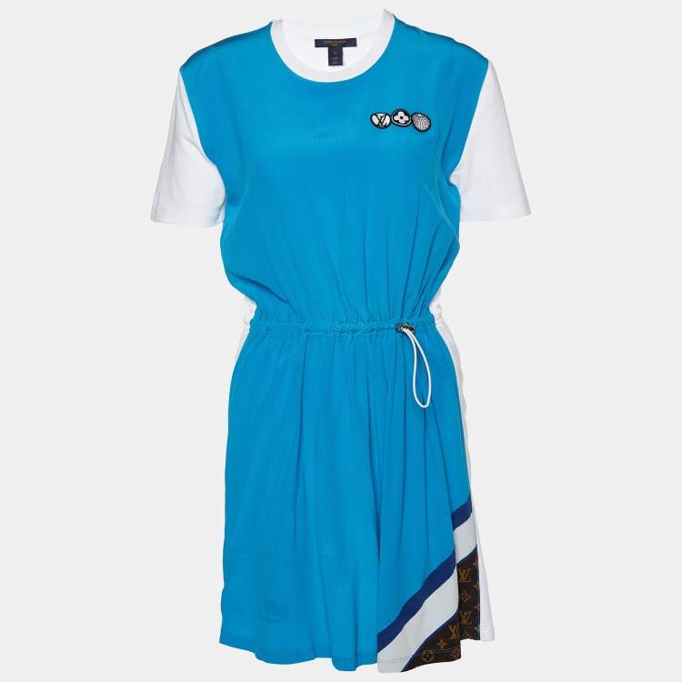 Pre Owned Louis Vuitton Blue Silk & White Cotton Knit Waist Drawcord Mini Dress M