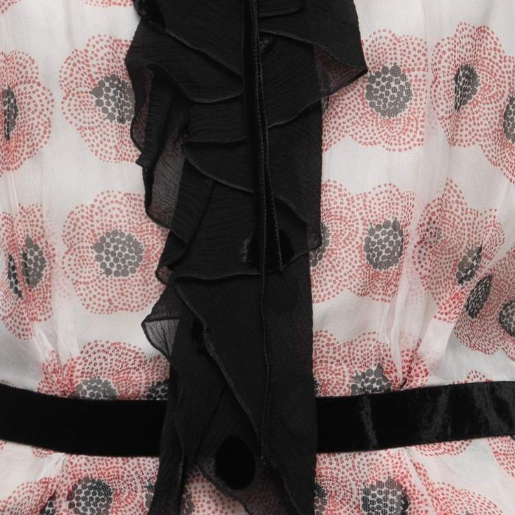 Pre Owned Louis Vuitton White Floral Printed Silk Ruffled Top & Skirt Set S/M