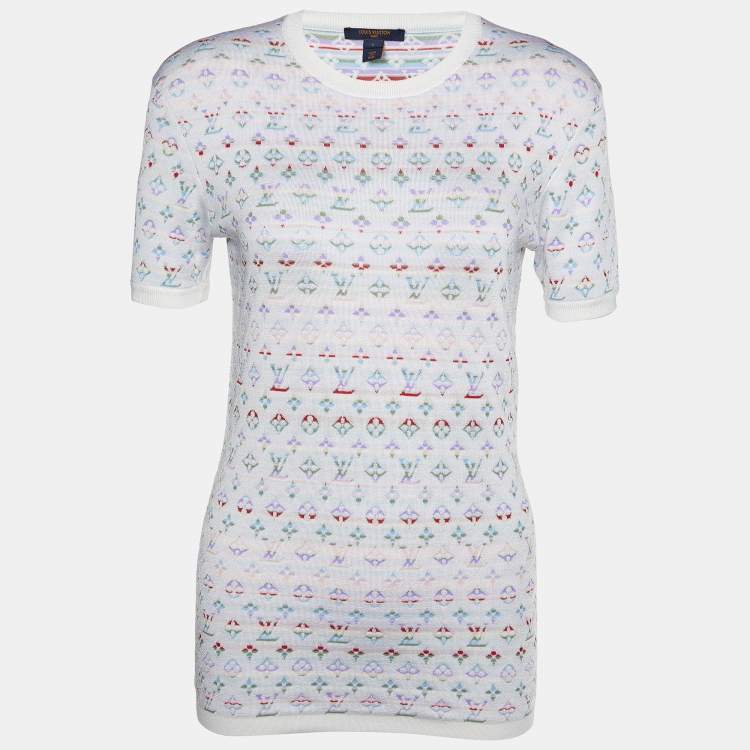 Pre Owned Louis Vuitton White Silk Logo Jacquard Knit T-Shirt S