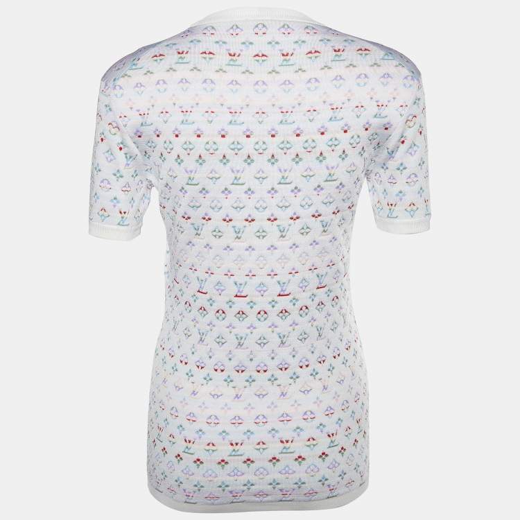 Pre Owned Louis Vuitton White Silk Logo Jacquard Knit T-Shirt S