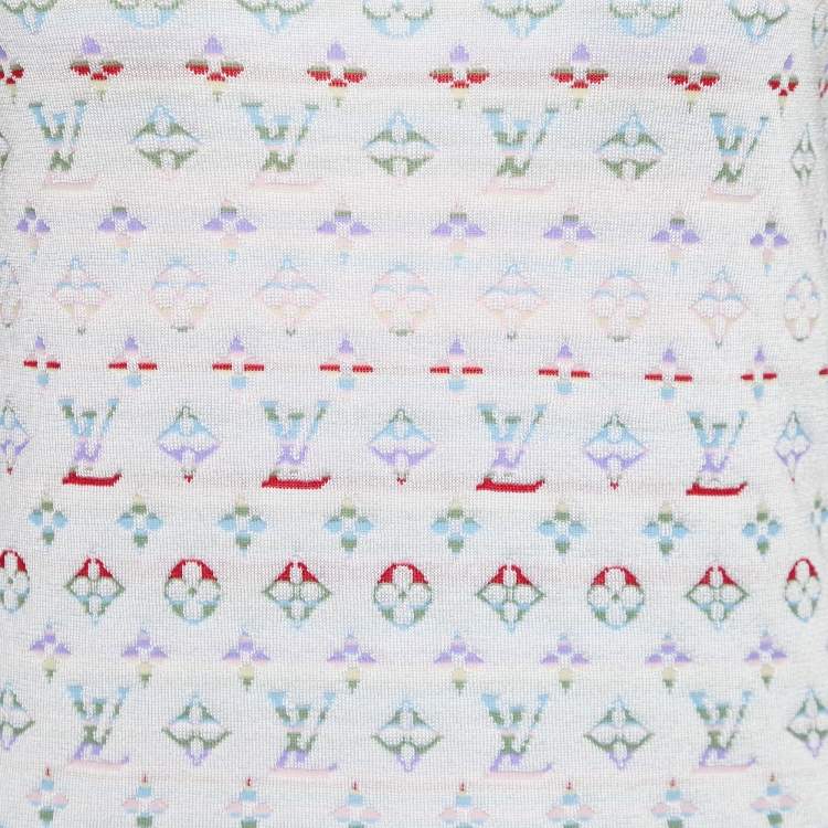 Pre Owned Louis Vuitton White Silk Logo Jacquard Knit T-Shirt S