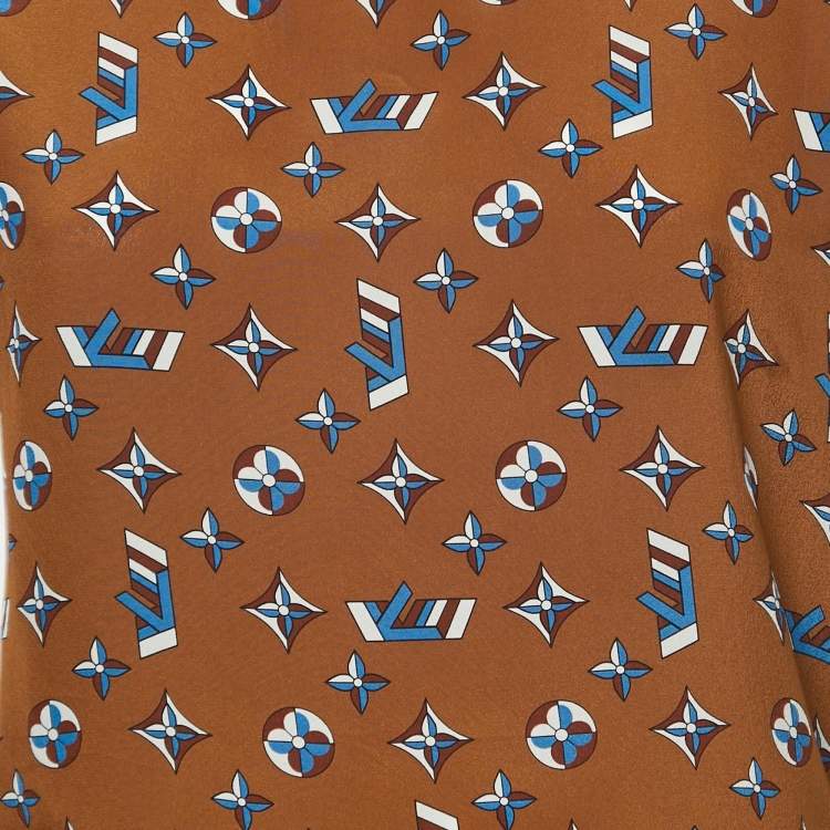Pre Owned Louis Vuitton Brown/Blue Monogram Silk & Cotton Half Sleeve T-Shirt M