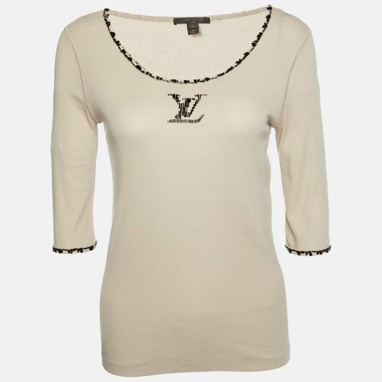 Pre Owned Louis Vuitton Beige Logo Embellished Cotton Knit T-Shirt XL