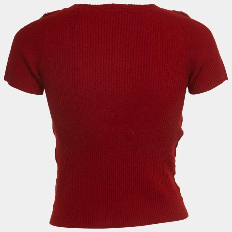 Pre Owned Louis Vuitton Red Leopard print Silk & Wool Short Sleeve Top M