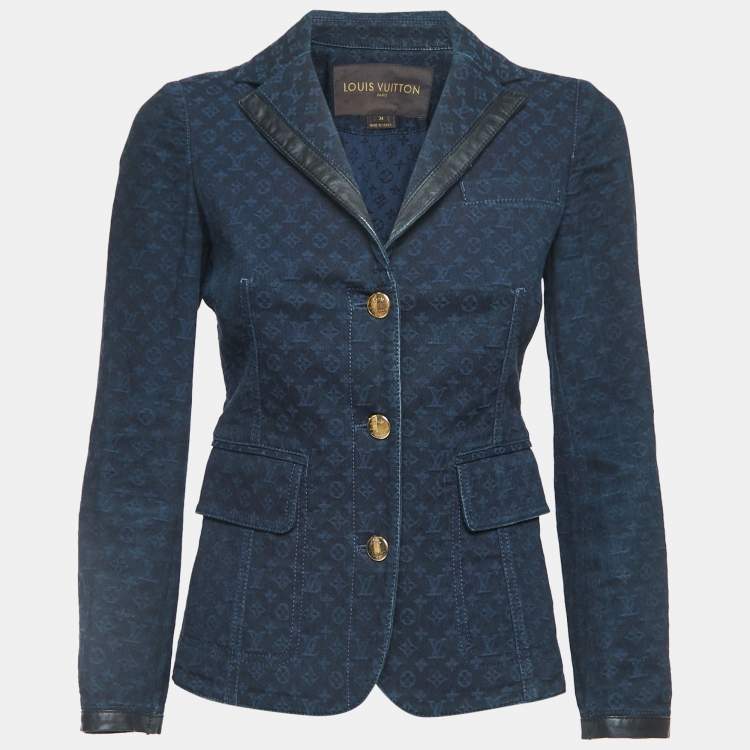 Pre Owned Louis Vuitton Navy Blue Monogram Jacquard Denim Blazer XS
