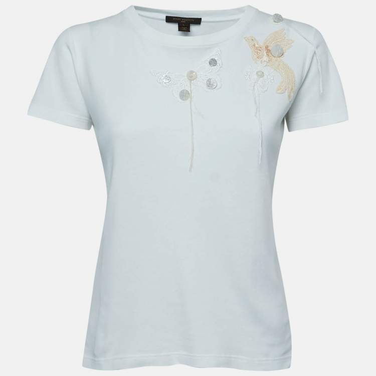 Pre Owned Louis Vuitton White Cotton Lace Applique Short Sleeve T-Shirt L