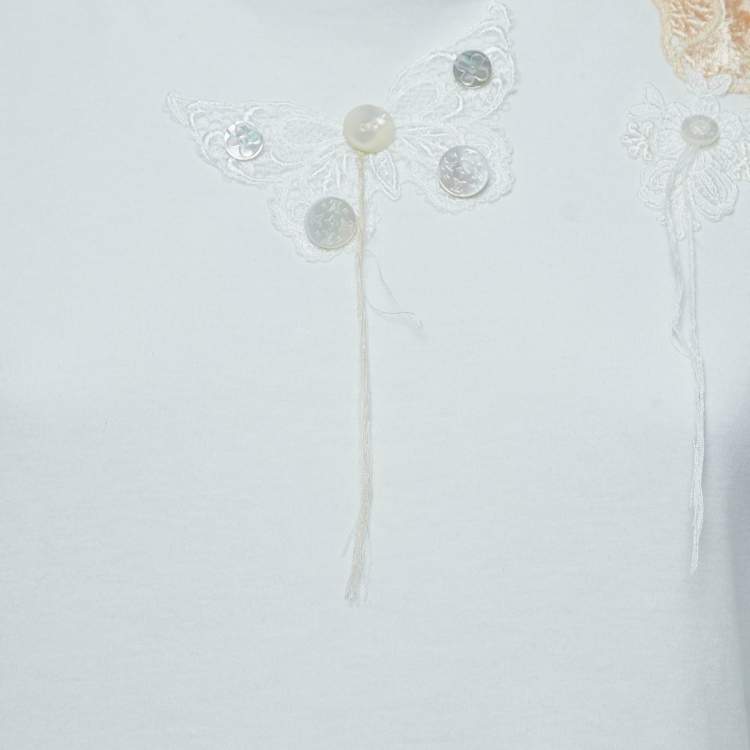 Pre Owned Louis Vuitton White Cotton Lace Applique Short Sleeve T-Shirt L
