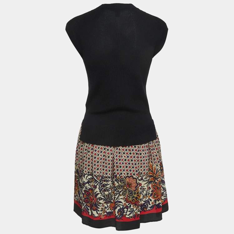 Pre Owned Louis Vuitton Black Wool & Print Silk Sleeveless Mini Dress XS