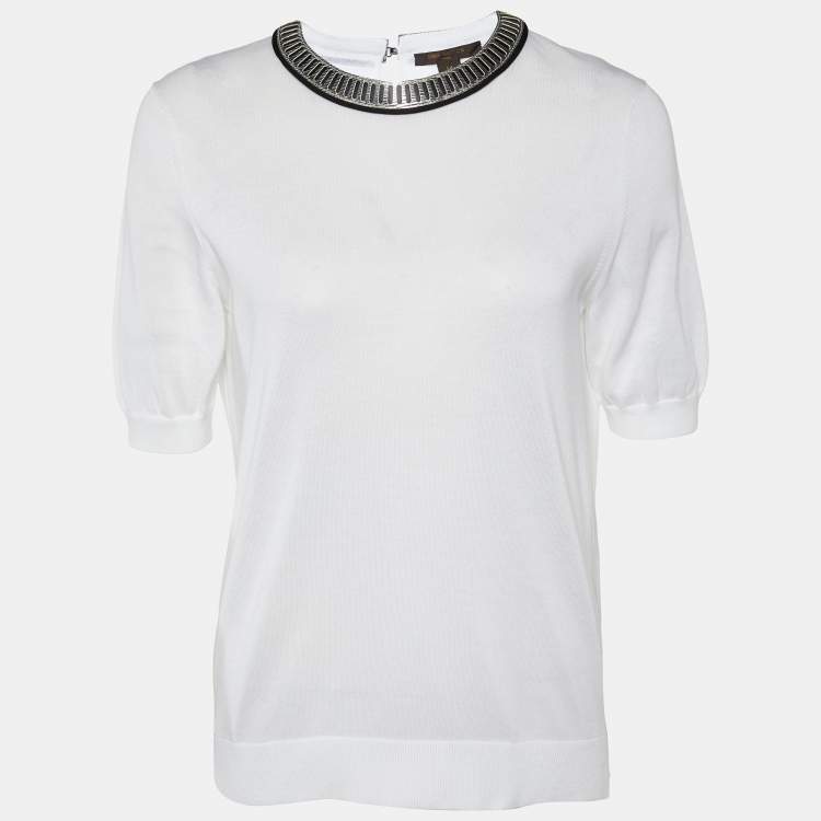 Pre Owned Louis Vuitton White Cotton Knit Neck Trim Detail T-Shirt M