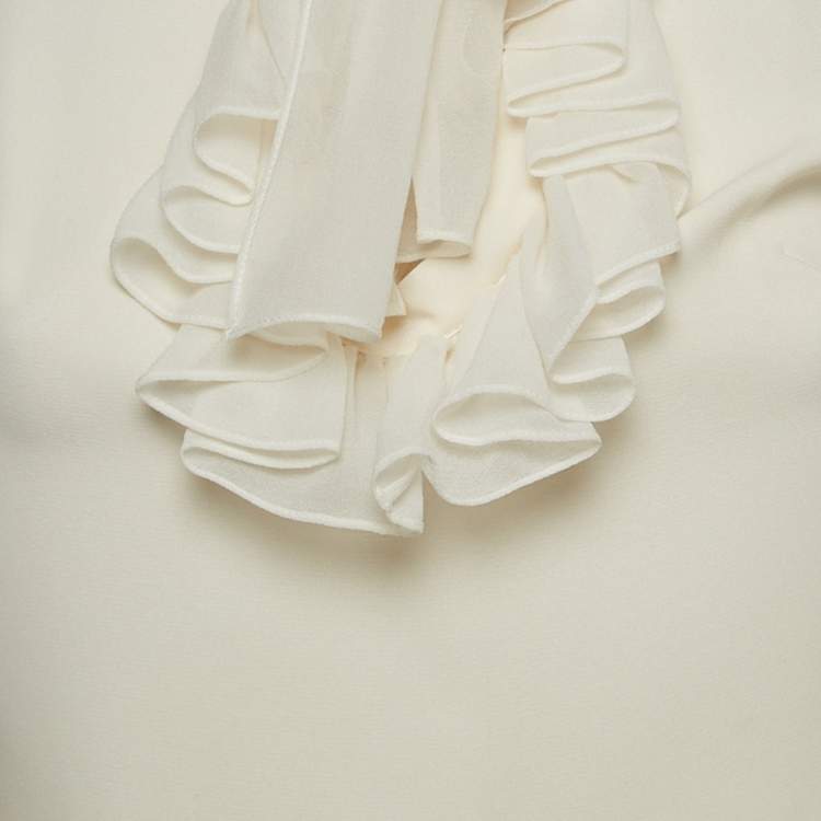 Pre Owned Louis Vuitton Ivory White Silk Ruffled Tie Neck Blouse S
