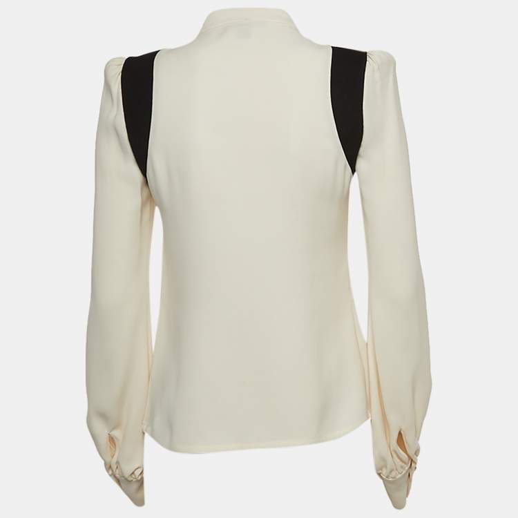 Pre Owned Louis Vuitton Ivory White Silk Ruffled Tie Neck Blouse S