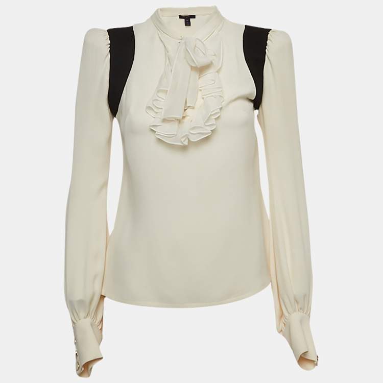 Pre Owned Louis Vuitton Ivory White Silk Ruffled Tie Neck Blouse S