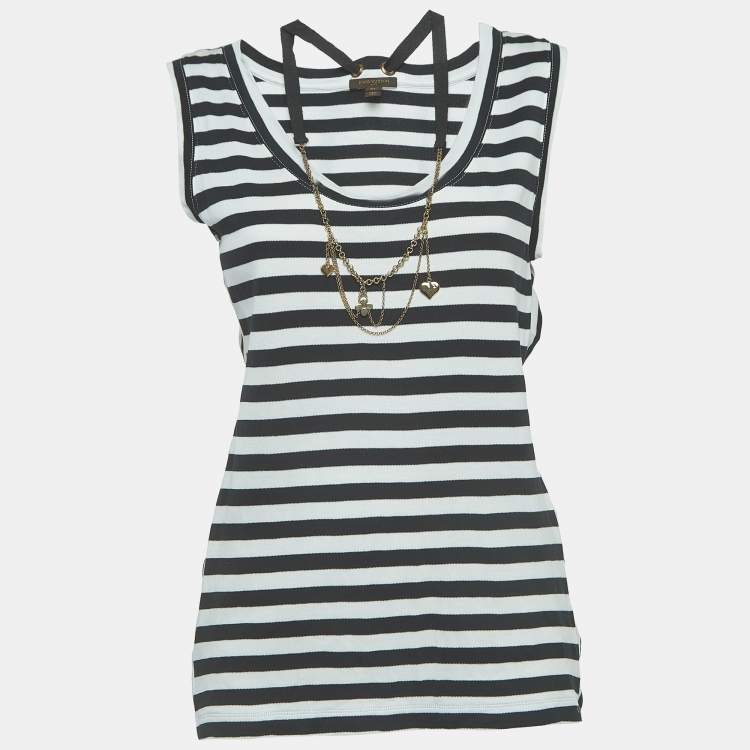 Pre Owned Louis Vuitton Black/White Stripe Cotton Detachable Chain Detail Top XL