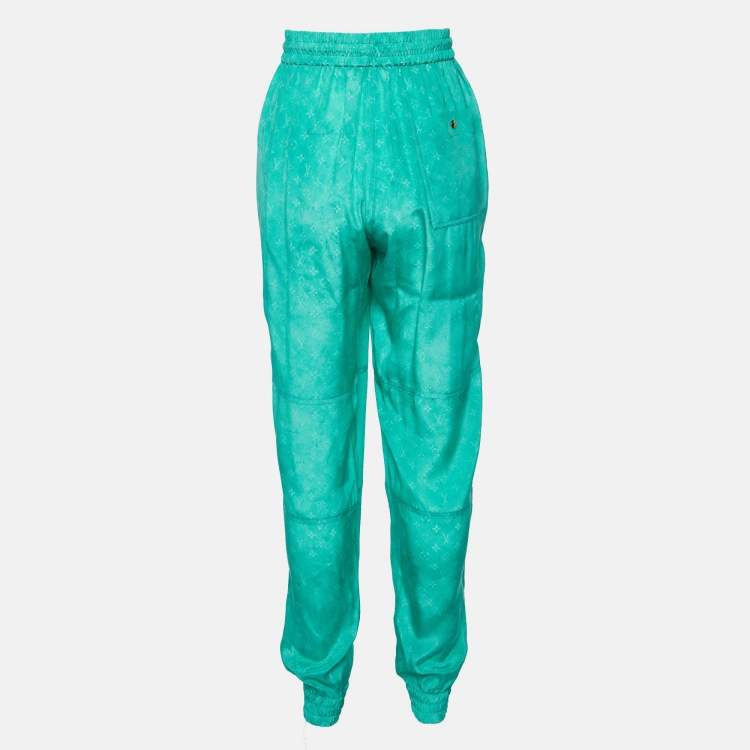Pre Owned Louis Vuitton Green Monogram Silk Drawstring Waist Trousers M
