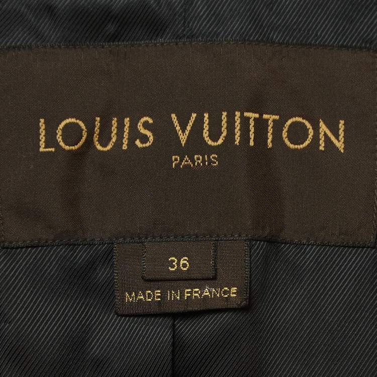 Pre Owned Louis Vuitton Navy Blue Printed Leather Trimmed Knit Double Breasted Coat S