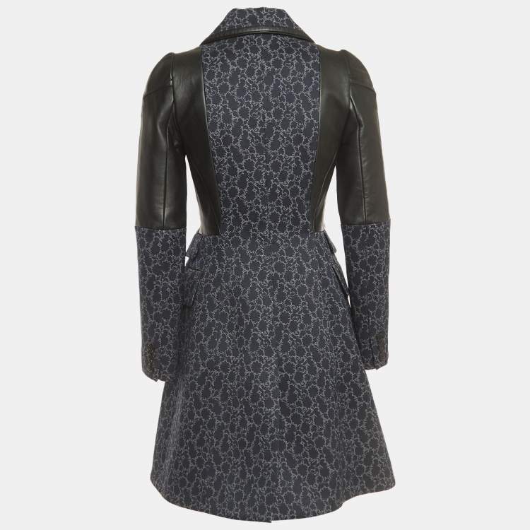 Pre Owned Louis Vuitton Navy Blue Printed Leather Trimmed Knit Double Breasted Coat S
