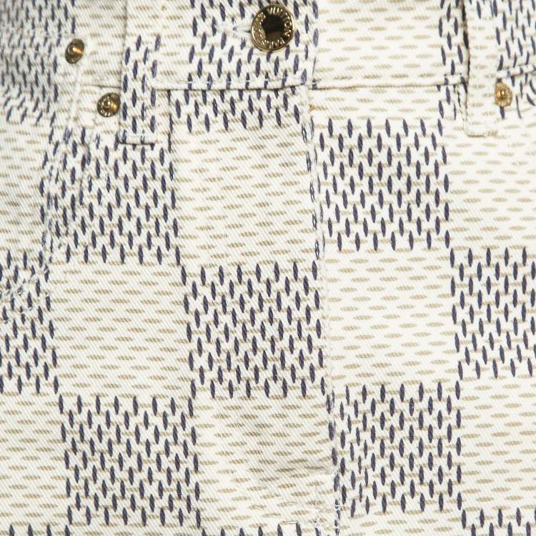 Pre Owned Louis Vuitton Cream Damier Azur Print Denim Mini Skirt M