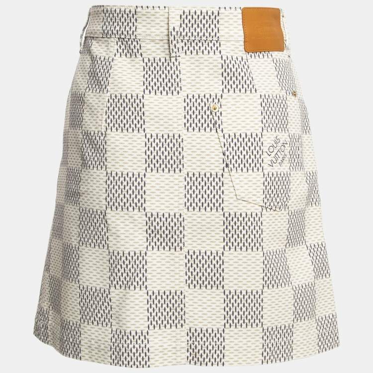 Pre Owned Louis Vuitton Cream Damier Azur Print Denim Mini Skirt M
