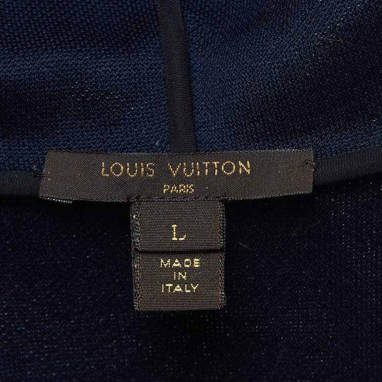 Pre Owned Louis Vuitton Navy Blue Floral Pattern Leather Trim Knit Zipper Jacket L