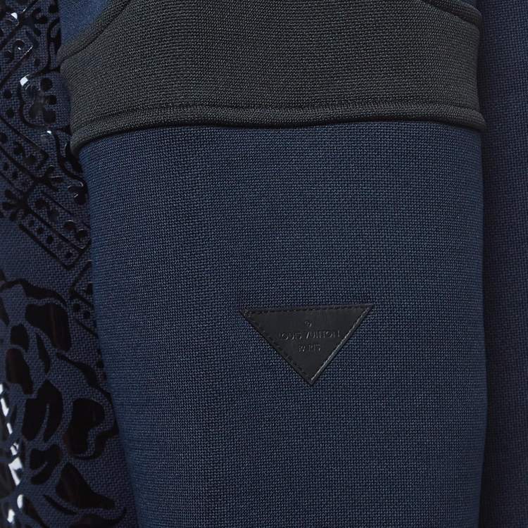 Pre Owned Louis Vuitton Navy Blue Floral Pattern Leather Trim Knit Zipper Jacket L